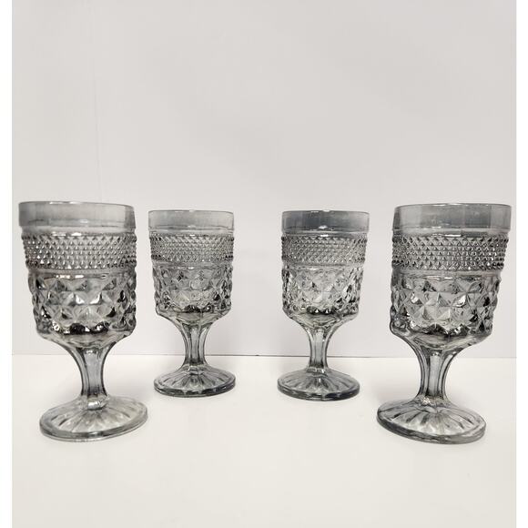 Vintage Smoky Gray Pressed Glass Goblets Set of 4 – Diamond Point Pedestal - Picture 1 of 6